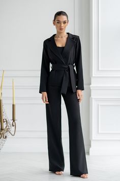 Fabric: Crepe Composition: cotton 65%, polyester 35% Included: jacket, corseted crop top, wide-leg pants and belt Wide-notched lapels High-rise pants Pants length (inseam): 95cm/ 37.5in Color: Black, white, red, camel Suits For Women White, Luxury Black Wide Leg Dress Pants, Classic Black Wide-leg Pantsuit, Chic Black Wide-leg Suit, Luxury Black Single-breasted Pantsuit, Luxury Black Wide-leg Dress Pants, Pant Suits For Women, Belt Wide, Winter Suits