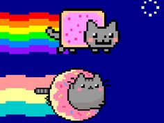 an old school computer game with cats and doughnuts on the rainbow colored background