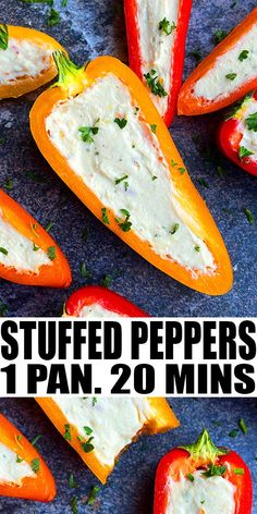 stuffed peppers with cheese and parsley on top are shown in three different angles to show how much they taste