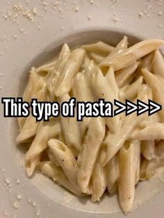 pasta in a white bowl with the words this type of pasta above it and an arrow pointing up