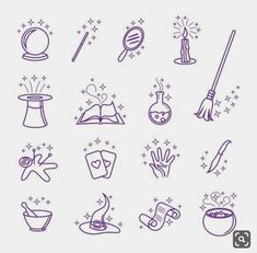 the icons are drawn in purple ink on a white background, with stars and sparkles