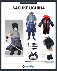 the costume guide for sassuke uchiha from naruta is shown