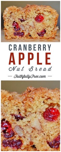 cranberry apple muffin bread is cut in half and stacked on top of each other