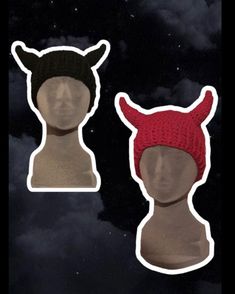 two mannequin heads wearing knitted hats against a dark sky with clouds in the background