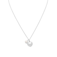 16" sterling silver necklace with 14mm puffy heart and 8mm cultured freshwater pearl charm. .925 Sterling Silver Cheap Silver Pearl Charm Necklace, Cheap Silver Necklace With Pearl Charm, Heart Pearl Necklace, Charm Holder Pendant, Pearl Charm Necklace, Puffy Heart Charms, Jewelry Showcase, Silver Pearl Necklace, Puffy Heart