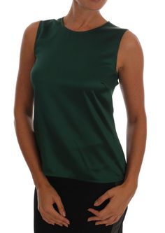 Dolce & Gabbana Dark Green Silk Sleeveless Round Neck Tank Top Silk Sleeveless Top, Green Logo, Blouse Material, Dolce E Gabbana, Green Silk, Dolce & Gabbana, Sleeveless Tank Top, Silk Top, Sleeveless Tank