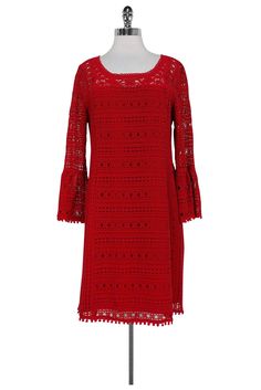 Current Boutique-Nanette Lepore - Red Eyelet Dress w/ Bell Sleeves Sz 10 African Maxi Dresses, Eyelet Fabric, Gold Pumps, Short Dresses Casual, Round Circle, Eyelet Dress, Nanette Lepore, Key Hole, Casual Sweaters