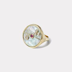 The Compass Collection was inspired by the nostalgia of a grandfather's pocket watch, and the idea that a woman's intuition guides her as her own inner compass.  14k yellow gold ring with mother of pearl inlay.   Ring face diameter is just under 20mm. Approximately 0.09tcw of white round brilliant diamonds and one 0.12 Mother Of Pearl Rings For Anniversary, Yellow Gold Rings With Inlay, Elegant 14k Gold Jewelry With Inlay, Compass Ring, Solitaire Bands, Mother Of Pearl Ring, Abstract Jewelry, Peach Sapphire, Cute Engagement Rings