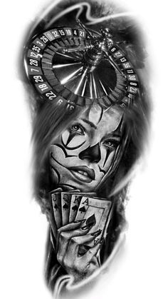 a black and white photo of a woman's face with playing cards