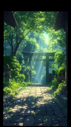 the sun shines through the trees and onto an empty walkway in a garden with stone pavers