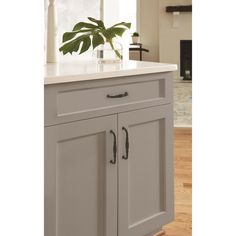 a white kitchen island with two doors on the side and a potted plant on top