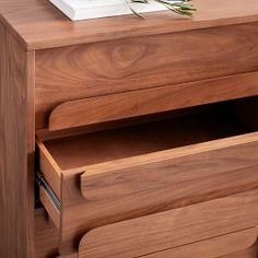 a close up of a wooden dresser with two drawers and a plant on top of it