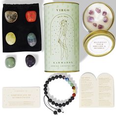 the contents of a gift set including soap, bracelets, and other jewelry items