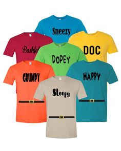 six t - shirts with the words dopey, sleepy, sleezy, dopey and dopey printed on them