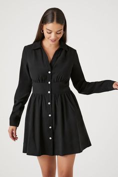 Buy A-Line Mini Shirt Dress at Forever 21. Solid Color Shirt, Mini Shirt Dress, Collar Styles, Fitness Models, Forever 21, A Line, Dress Outfits, Shirt Dress