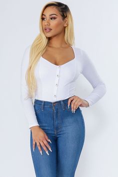 Fall In Love Button Rib-Knit Bodysuit-S-White | @knowstyleusa #knowstyleusa #knowstyle #KShottie #croptop #whitecroptop #blackcroptop #sexycroptop #casualcroptop #sexybodysuit #cutebodysuit #blackbodysuit #lacebodysuit #fashionista #ootd #instafashion #streetstyle #womenswhitetop #streetfashion #streetwear #summeroutfits Buttons Design, Cutout Neckline, Ribbed Knit Bodysuit, Knit Bodysuit