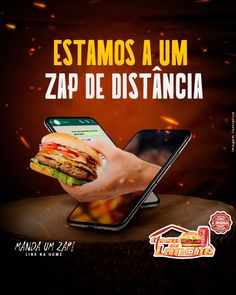 a person holding a phone with a sandwich in their hand and the caption reads estamos a um zap de distencia