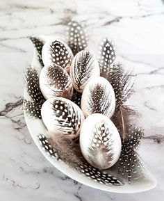 a white bowl filled with feathers on top of a marble counter