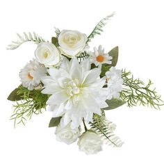 a bouquet of white flowers and greenery on a white background