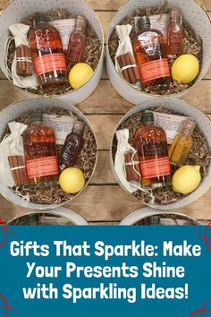 four buckets filled with different types of gifts that sparkle make your presents shine with sparkling ideas