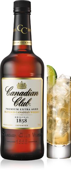 a bottle of canadian club next to a glass filled with ice