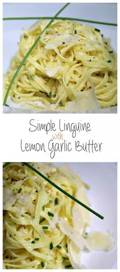 two pictures of spaghetti with lemon garlic butter