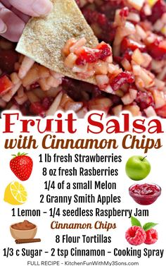 a poster advertising fruit salsa with cinnamon chips and fresh strawberries, strawberrys, lemons, cranberries, raspberries