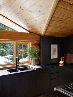 Dark Wood Kitchen, Roly Poly Chair, Mirror Ceiling, Wood Shingles, Mountain Getaway, Cabin Kitchens, Norm Architects