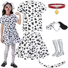 a girl dressed in dalmatian clothing and accessories