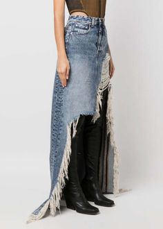 Cotton denim maxi skirt in washed blue featuring destroyed effect at the front.  front button fastening  floor length  destroyed effect  belt loops    100% cotton.  made in italy. Detail Couture, Denim Skirt Outfits, Destroyed Denim, Denim Maxi, Outfit Jeans, Denim Maxi Skirt, Leather Logo, Jean Skirt, Contrast Stitching