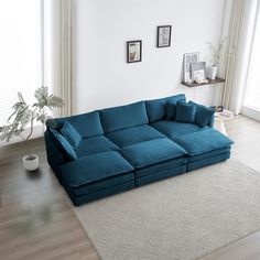 a large blue couch sitting on top of a hard wood floor next to a window