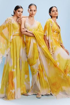 Yellow jumpsuit featuring pearl sequin embellishments on a watercolour print base and cut-out borders. Comes with matching cape and belt. - Aza Fashions Summer Evening V-neck Set, Summer Party Sets With Digital Print, Digital Print V-neck Dress, Pearl Jumpsuit, Jumpsuit With Cape, Dolly J, Cape Women, Cape For Women, Chiffon Jumpsuit