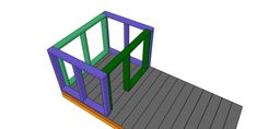 an image of a purple and green door on a deck with stairs leading up to it