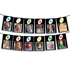 an image of a baby's first birthday banner with pictures and numbers on it