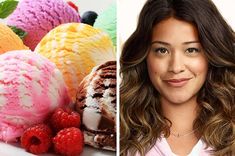 an image of a woman with ice cream and raspberries in front of her