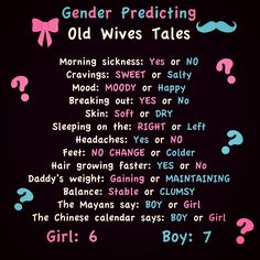 a poster with the words gender - predicing old wives tales written on it