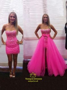 Hot Pink Strapless Beaded Prom Dresses With Detachable Skirts | Vampal Dresses Outfits For Sweet 16, Hot Pink Ball Gown, Party Dress Ideas, After Party Dress, Sweet Sixteen Dresses, Pink Ball Gown, Detachable Skirt, Mini Homecoming Dresses, Barbie Outfits