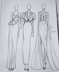 three dresses are shown on a piece of paper, and one is drawn in pencil