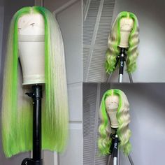 SULMY Blonde Hair With Lime Green Highlights Wigs 100% Human Hair Color Ideas For Wigs, Blonde Wigs With Color, Summer Color Wigs Black Women, Blonde Wig With Highlights, Green Hair Blonde, Highlight Wigs, Blond And Green Hair, 27 Hair Color, Green And Platinum Hair