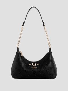 Faux-leather top-zip shoulder bag Debossed peony logo print Shiny gold-tone hardware Front logo lettering Multiple interior pockets Logo printed lining Zip-top closure Shoulder strap with 11.75" drop 10.25"W x 6.75"H x 2.5"D Peony Logo, Guess Shoulder Bag, Bag Guess, Faux Leather Top, Xmas List, Guess Bags, Zip Top, Leather Top, Logo Print