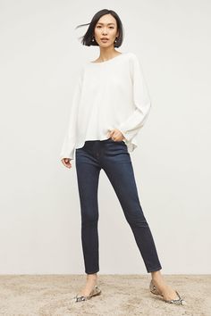 Frame’s best-selling high-rise cropped skinny jeans in a dark wash. Designed to sit at the small of the waist with a form-fitting shape, this versatile jean pairs with everything from sweaters to blazers. Work Style, Frame Denim, Work Fashion, Cropped Jeans, First Look, Bell Sleeve Top, High Rise, Normcore, Blazer