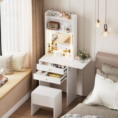 a bedroom with a bed, desk and shelves on the wall next to a window