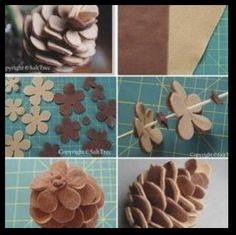 the process of making felt flowers is shown in several different pictures, including pine cones and leaves