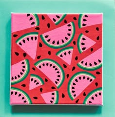 Watermelon Hand Painted Canvas Acrylic paints on canvas and varnished to add protection.   Size: 15cm x 15cm, 2cm deep Painted at my kitchen table Watermelon Canvas Painting, Easy Summer Paintings On Canvas, Watermelon Art Painting, Kids Painting Projects, Watermelon Painting, Paints On Canvas, Watermelon Art, Easy Mandala Drawing