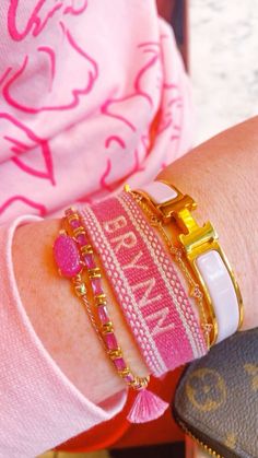 Bracket Stacks, Preppy Bracelet Stack, Preppy Jewlery, Pink Hermes, Pink Bracelets, Preppy Accessories, Kendra Scott Bracelet, Preppy Bracelets