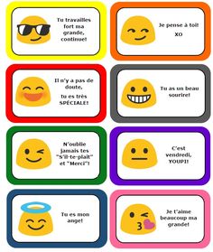 four different types of emotication cards with captions in french, english and spanish