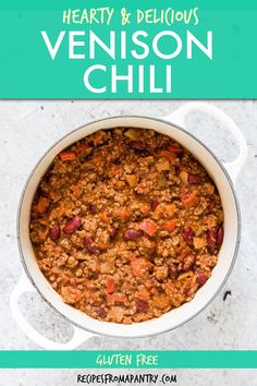 a pot filled with meat and vegetables on top of a white counter next to the words, fabulously flavored instant pot venison chili