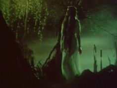 a woman in a white dress is walking through the woods at night with her head down