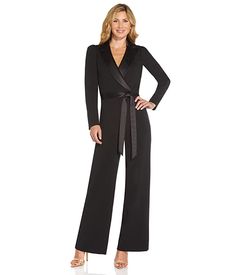 Adrianna Papell Stretch Knit Crepe Tuxedo Jumpsuit | Zappos.com Adrianna Papell Jumpsuit, Black Tie Pant Suit Women, Black Pant Suit Women Wedding, Dressy Pant Suits Classy, Tuxedo Jumpsuit Women, Tuxedo Inspired Dress, Mother Of The Bride Jumpsuit Classy, Grandmother Of The Bride Pant Suits, Mother Of The Groom Pant Suits