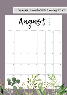 an august calendar with watercolor leaves and plants